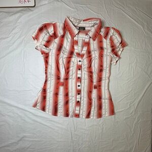 Dots Striped Button Down Short Sleeve Blouse Women's Size Large Orange White
